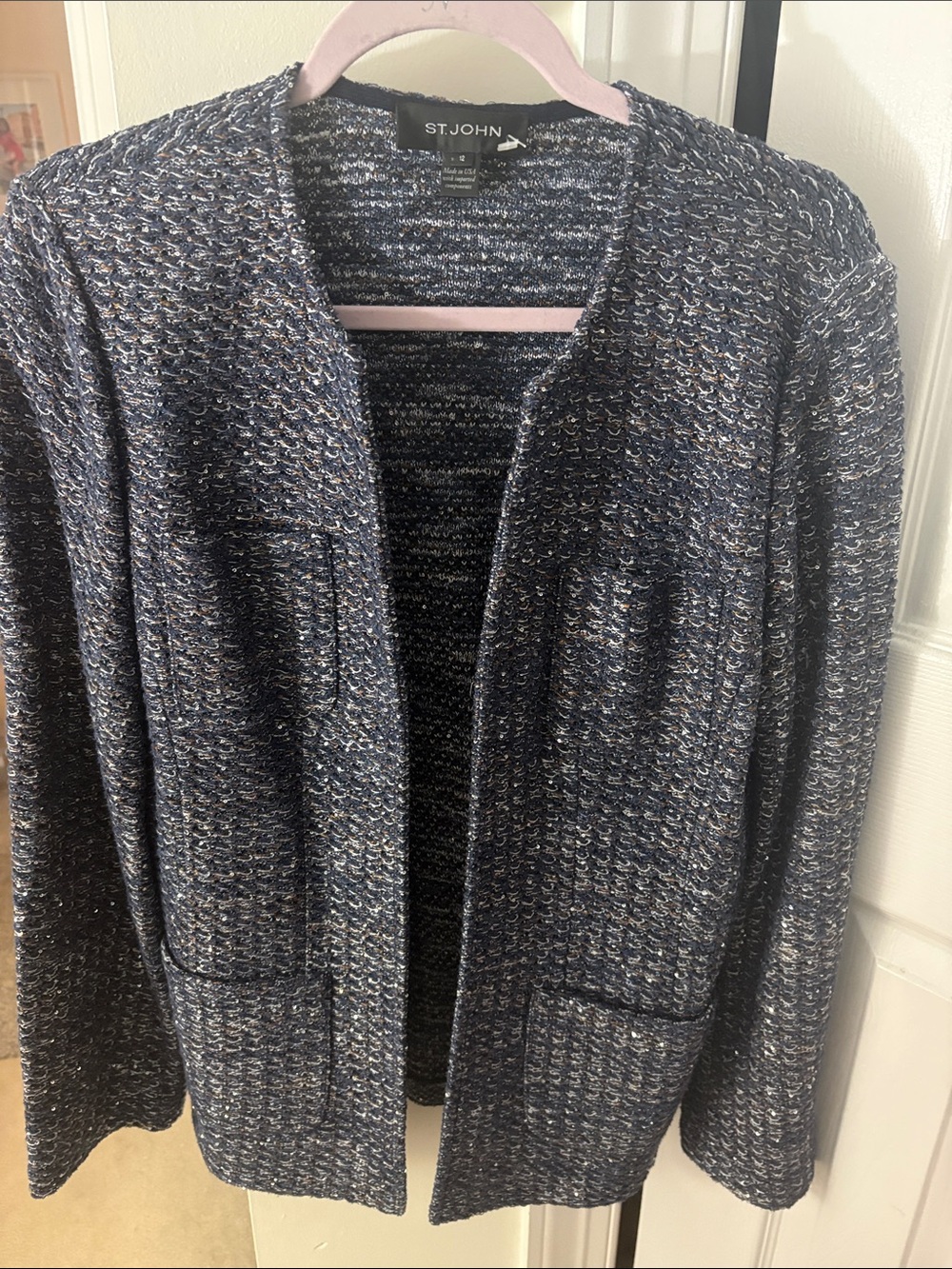 St. John Black  Multicolor Metallic-Thread Open Front Knit Jacket - Picture 2 of 4